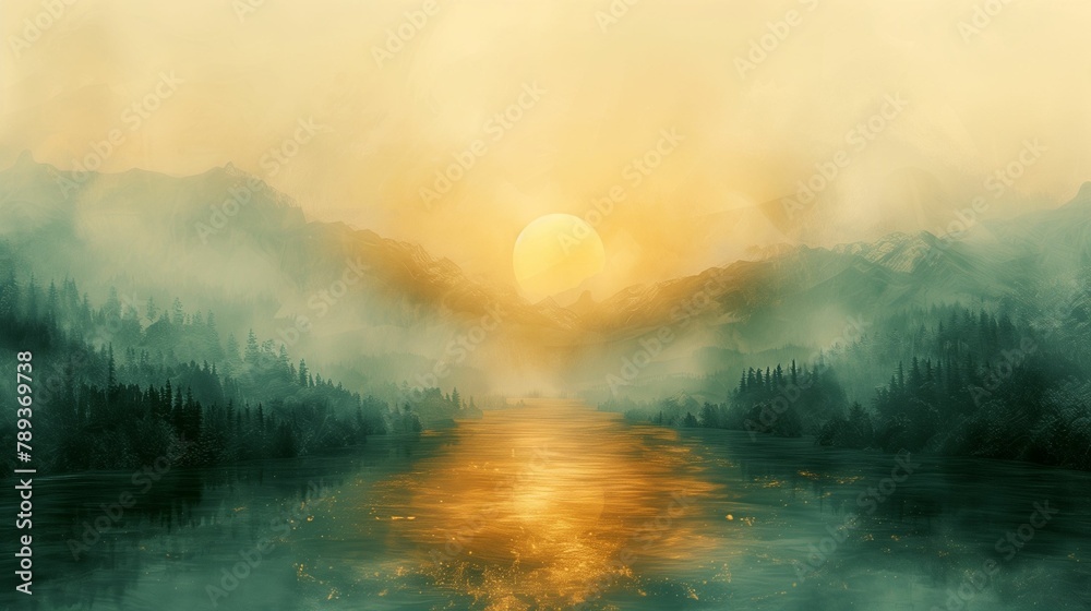 Mystical Sunrise over Mountain Lake, Golden Hues, Tranquil Nature Scenery