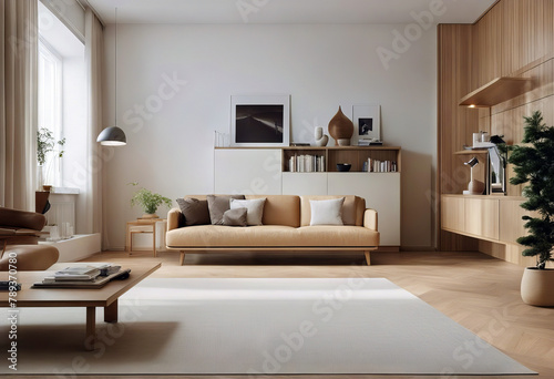 aesthetic room light unified Proposal made bookshelves floor oak sideboard fashion interior wood living minimalist parquet The calm carpet design three-dimensional banner frame house illustration