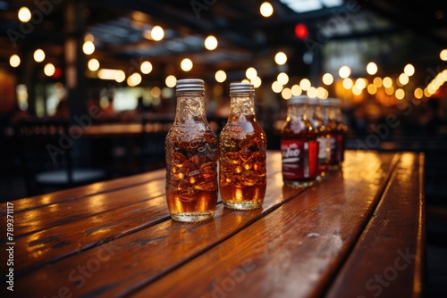 Vintage glass bottle soda, in pub with wooden benches., generative IA photo