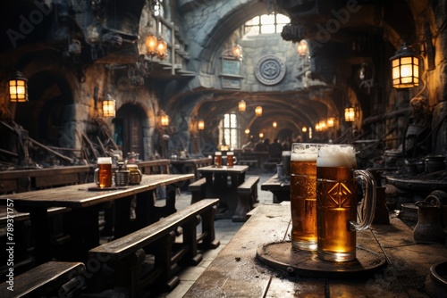 Beer mugs in a medieval bar with banners and walls on the walls., generative IA