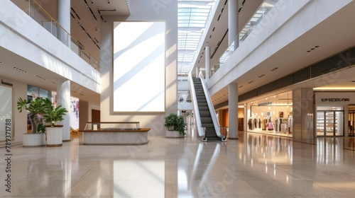 an image of a wall art mockup with a blank frame in a modern mall center, highlighting the contemporary and stylish atmosphere of the retail environment.