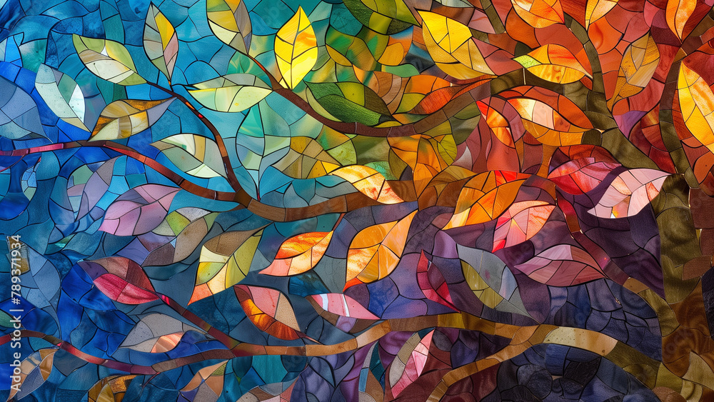 Nature’s Mosaic: Stained Glass Art of a Tree with Colorful Leaves
