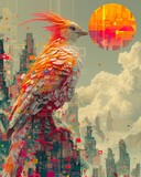 cybernetic phoenix rising from the ashes of a digital wasteland, contemporary art collage aesthetic, classic illustration of a 50s era, retro vintage , vintage & pop background, wallpaper