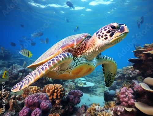 Green sea turtle on coral reef in the Red Sea, Egypt. © Dina