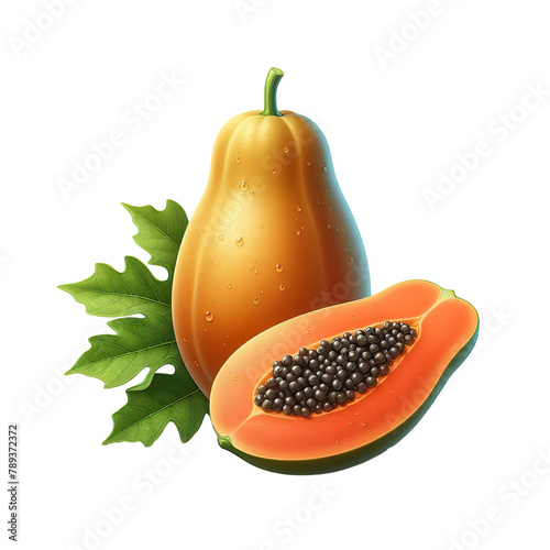 realistic illustration, papaya, one whole fruit and half composition, a few small water drops on it, white background PNG