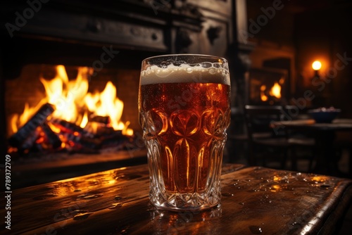 Pint of cold beer in an English pub with crackling fireplace., generative IA