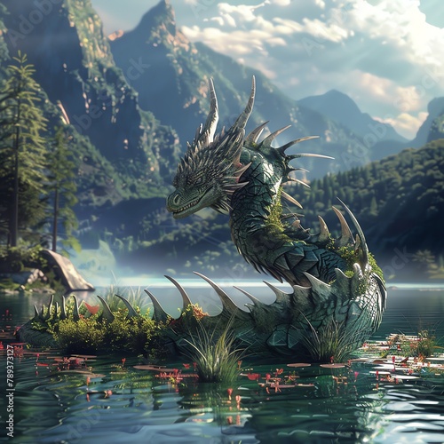 Transform a serene lake into a mystical realm where a majestic dragon peacefully coexists with nature, embodying harmony and balance in environmental conservation Through CG 3D rendering, bring to lif photo