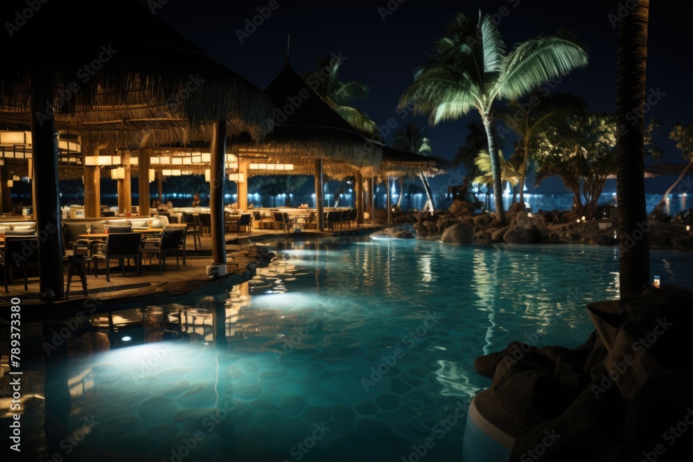 Blue Lagoon in a pool bar with sun loungers and tropical cocktails under the full moon., generative IA