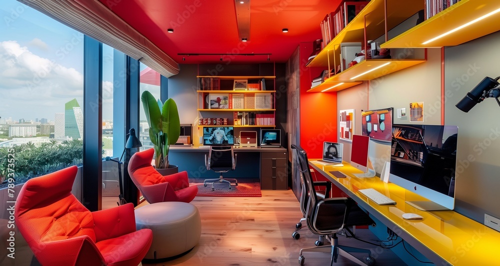 Trendy home office space with colorful furnishings and high-tech amenities