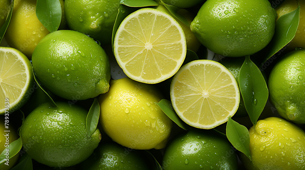 Slices of fresh juicy green lemons. Lime fruit cut texture. Citrus section pattern сreated with Generative Ai Slices of fresh juicy green lemons. Lime fruit cut texture. Citrus section pattern сreated with Generative Ai