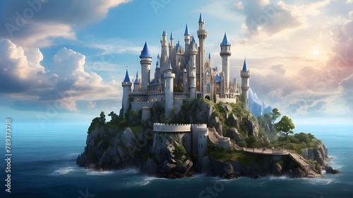 A photorealistic image of a magic castle, showcasing intricate details like towers, battlements, and enchanted elements. The castle is set against a scenic background with fantasy elements like floati photo