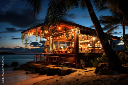 Passion fruit caipirinha in a beach kiosk with swinging coconut trees and full moon., generative IA photo