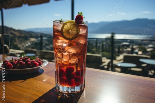 Red Fruit Caipiroska in a pool bar with mountain views., generative IA