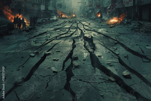 shattered street with cracks running through the asphalt, small fires burning in the background, and people huddled together in shock