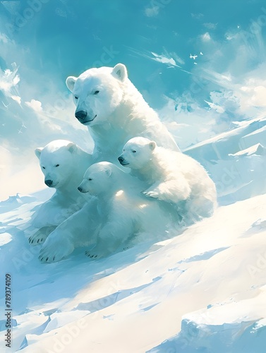 Resilient Polar Bear Family Braving a Fierce Arctic Blizzard Their Thick Fur Providing Essential Protection