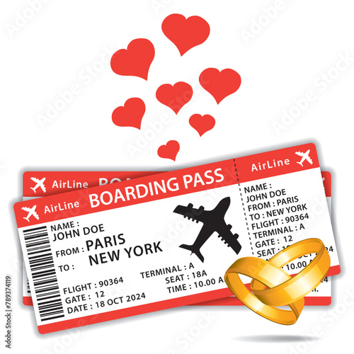 Honeymoon. Beautiful boarding passes with wedding rings. Two red flat design airplane tickets. Hand drawn vector icon illustration.