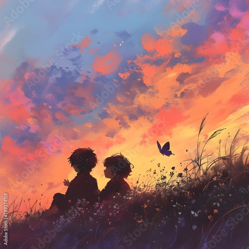 Silhouetted Children Enchanted by Butterfly at Vibrant Sunset Over Wildflower Field