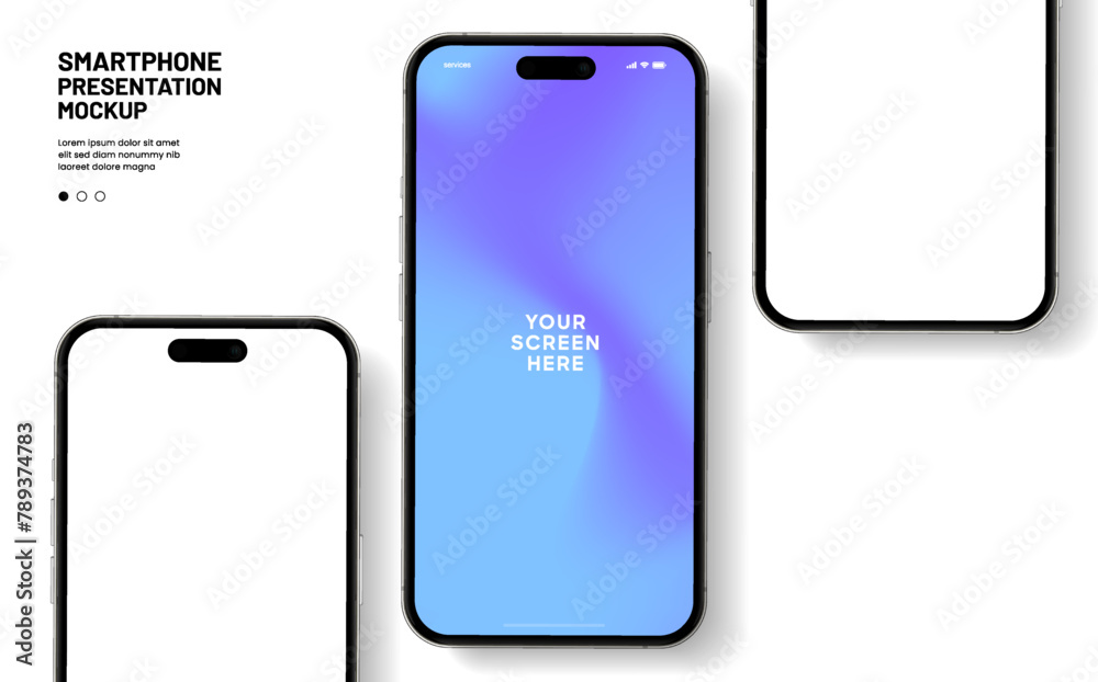 Obraz premium Realistic smartphone mockup. Mobile phone vector with isolated on white background. Device front view. 3D mobile phone with shadow. Realistic, high quality smart phone mockup for ui ux presentation.