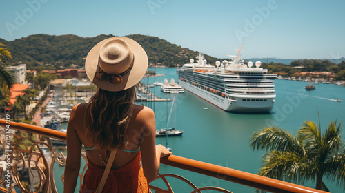 Young girls wearing hat standing in front of the Panama Canal contemplating the landscape, cruise ship crossing the Panama Canal