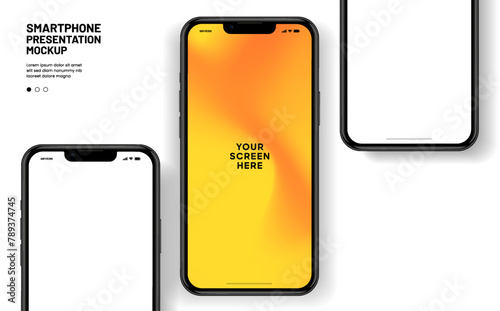 Realistic smartphone mockup. Mobile phone vector with isolated on white background. Device front view. 3D mobile phone with shadow. Realistic, high quality smart phone mockup for ui ux presentation.