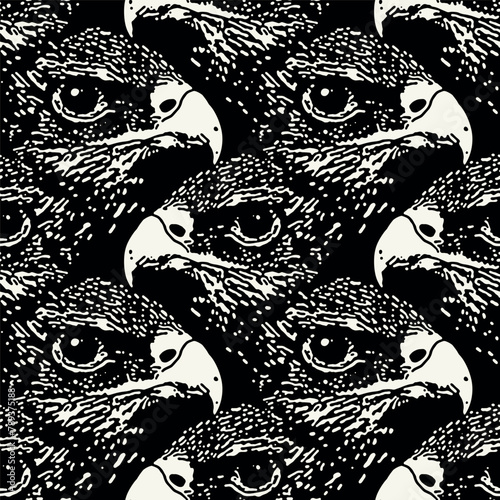 Vector seamless pattern with eagle heads. Endless stylish texture. Ripple repeating background. Monochrome animal portrait print. Can be used as swatch in Illustrator.