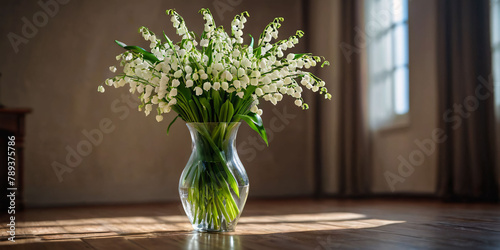 Lily of the Valley in a Glass Vase on Wooden Table. A glass vase filled with delicate white lily of the valley flowers sits on a rustic wooden table. The lily of the valley has bell-shaped white flowe