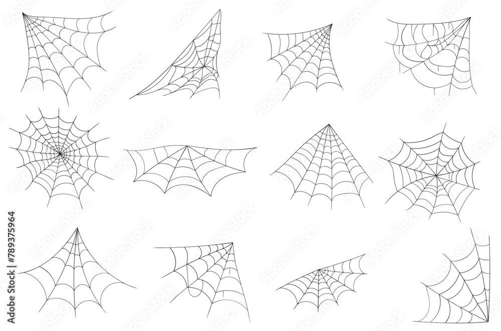 Fototapeta premium Cobweb collection isolated on white background. Line art, sketch style spider web elements, spooky, scary image. Gossamer. Spiderweb outline sign. Black and white vector illustration. 