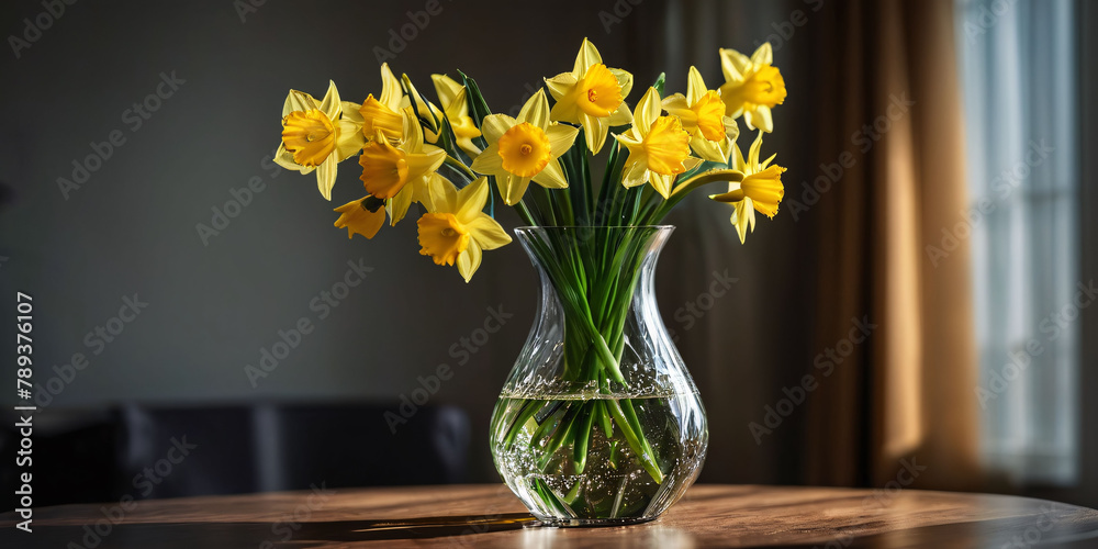 custom made wallpaper toronto digitalYellow Flowers in a Vase. A bright and cheerful still life featuring a glass vase overflowing with yellow sunflowers resting on a wooden table.