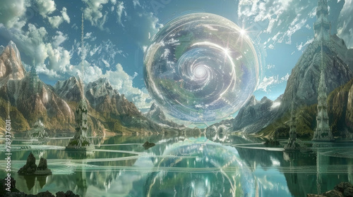 A colossal, swirling portal hovers above a tranquil lake, flanked by towering mountains and ethereal skies