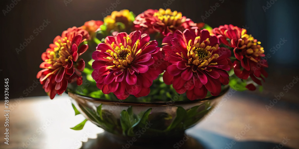 A vibrant arrangement of red and yellow flowers in a clear glass bowl A vibrant arrangement of red and yellow flowers in a clear glass bowl