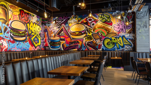 Urban Appetite: Graffiti-Style Mural of Burgers and Fast Foods