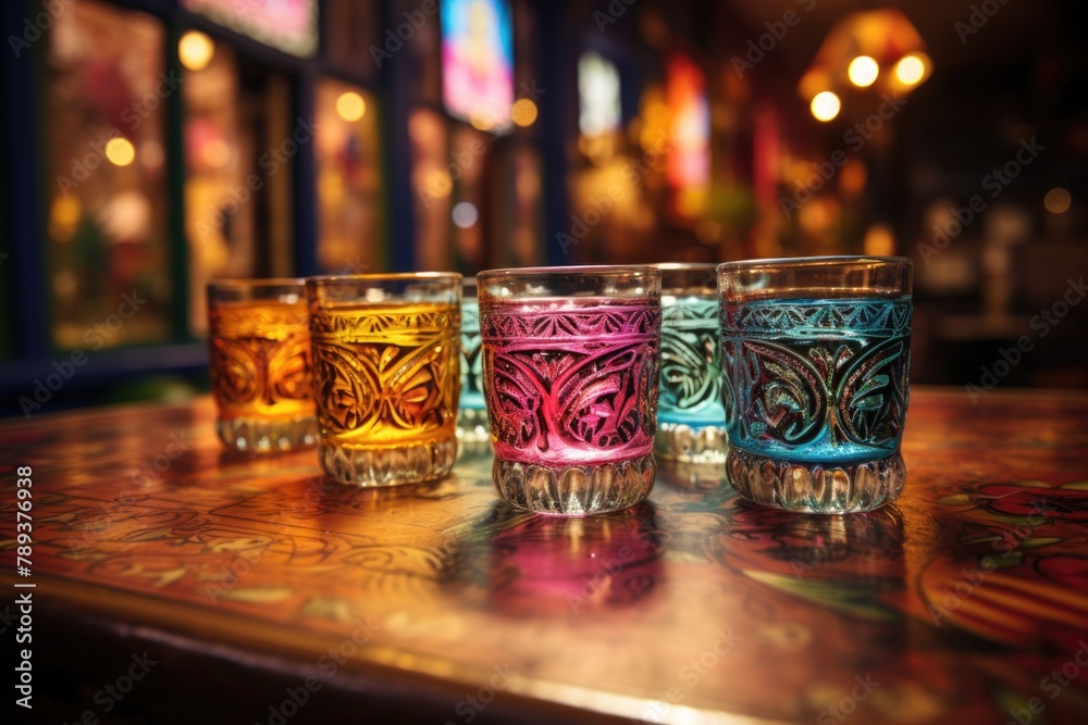 Tequila shot in an authentic Mexican bar with colorful walls and shades on each table., generative IA