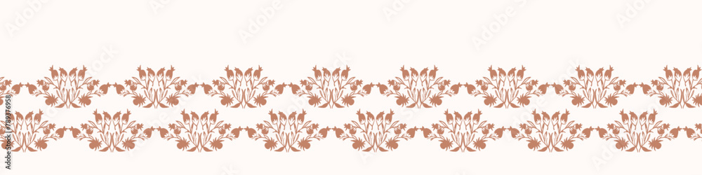 Modern vector border with pretty pressed floral drawing motifs. Decorative botanical ribbon with gender neutral flowers. Natural style for organic banner repeat nature stamp.