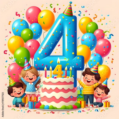 Joyful 4th Birthday Celebration, Kids with Cake & Balloons, Colorful Party Illustration