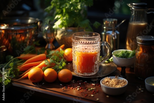 Carrot juice in a kitchen with sharp knives and fresh ingredients being prepared carefully., generative IA