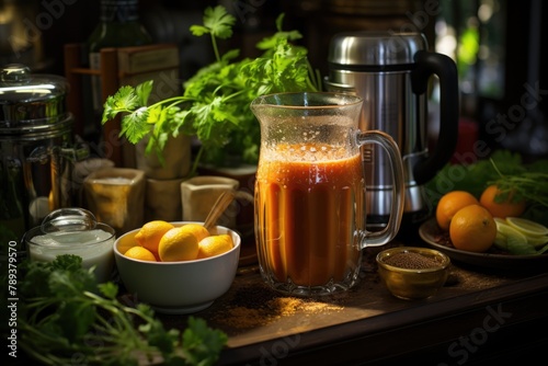 Carrot juice in a kitchen with bright stainless steel utensils., generative IA