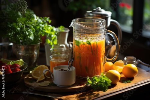 Carrot juice in a kitchen with bright stainless steel utensils., generative IA