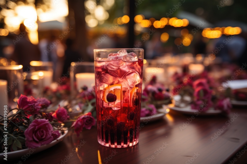 Raspberry juice at an outdoor wedding party with elegantly decorated tables., generative IA