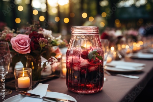 Raspberry juice at an outdoor wedding party with elegantly decorated tables., generative IA photo