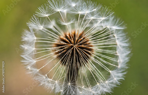 Dandelion seeds in spring on windy day as close-up macro view shows fragility of fluffy seeds in springtime to represent allergies and allergic reactions and a beautiful childhood with softness 