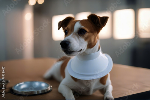 vet Small terrier Russell Elizabethan collar Jack dog transparent animal canino cool veterinary cute young health positive adorable sicken room cone confine protective relax good russel photo