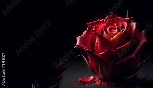 3d rendered photo of beautiful red rose with isolated black backgrounsd, generative ai photo