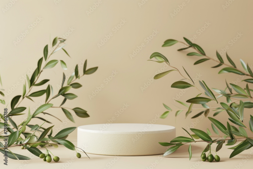 3d render beige background with round podium scene and olive leaves for product presentation display mockup, cosmetic beauty product showcase template design. minimal abstract pedestal platform