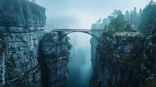 A bridge spans a deep gorge with a foggy sky above. The bridge is surrounded by trees and rocks, creating a sense of isolation and adventure. The fog adds a mysterious photo