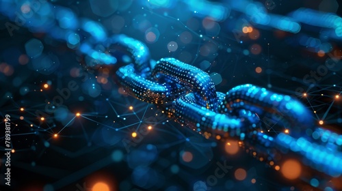 A chain of blue and orange links is shown in a blurry, abstract style. The chain is made up of many small links, and the colors are bright and contrasting. The image has a futuristic