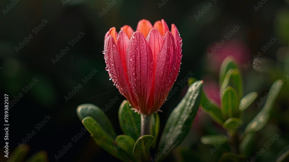 Fototapeta premium A single red flower with dew drops on it. The flower is the main focus of the image, and it is a beautiful and delicate flower. The dew drops on the petals add a sense of freshness
