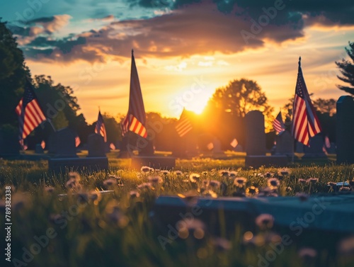 a cemetery with flags in the sun