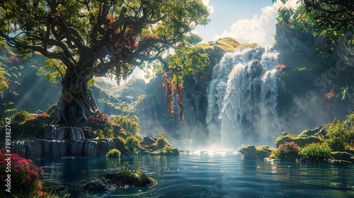 A lush green forest with a large tree and a waterfall. The scene is serene and peaceful, with the water flowing over the rocks and the sunlight shining through the trees