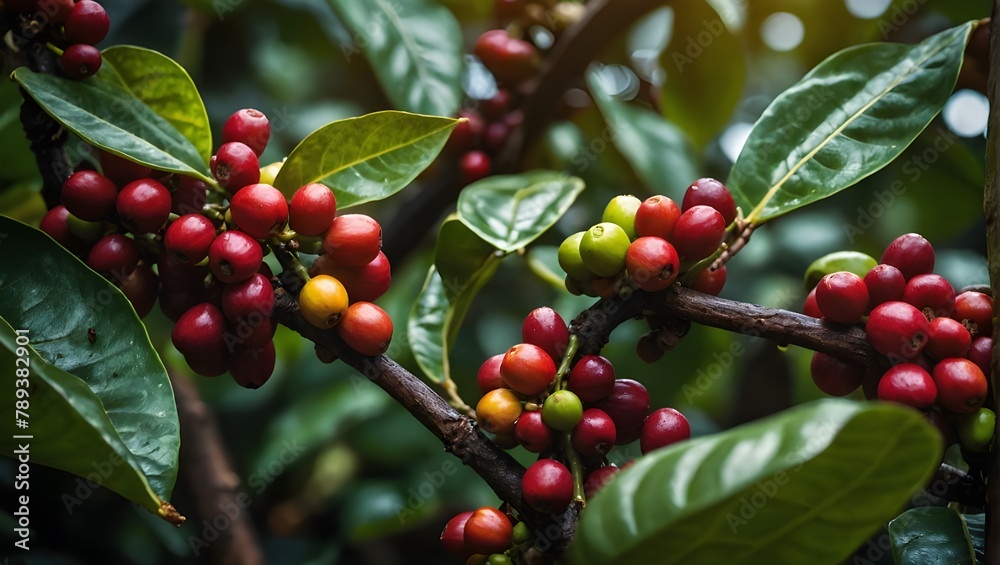 Fresh Arabica coffee berries. Organic coffee farm. Ai Generative.