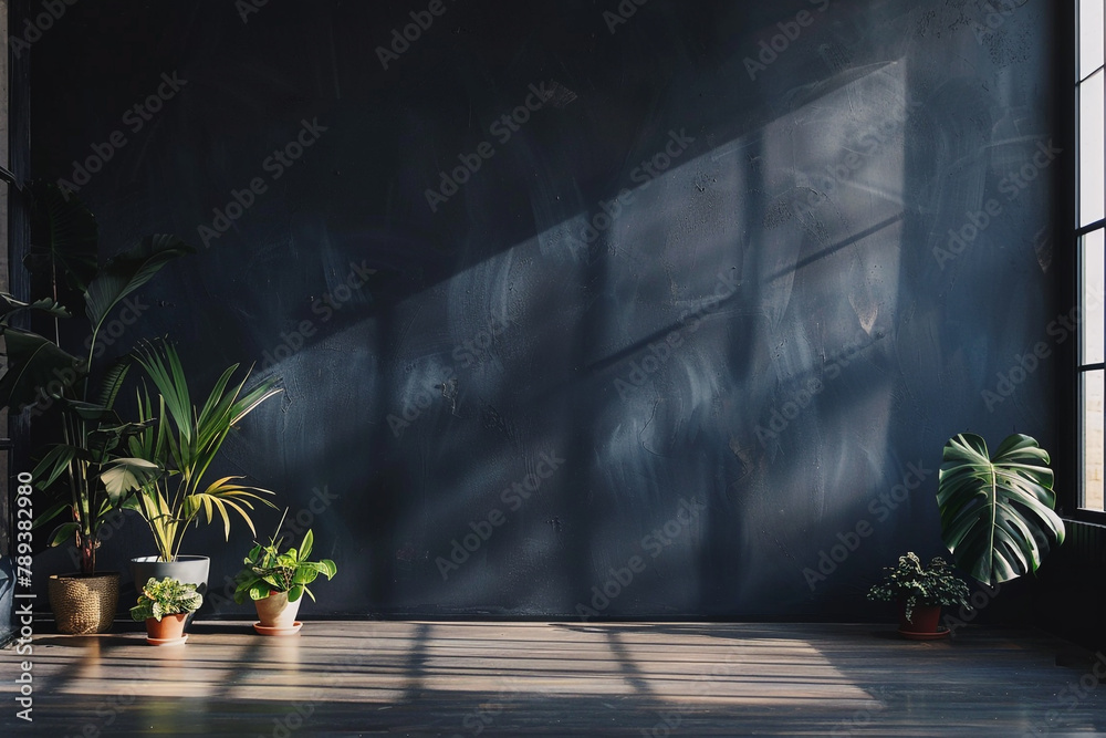 A dark wall and an empty room, with only plants on the floor A dark wall and an empty room, with only plants on the floor